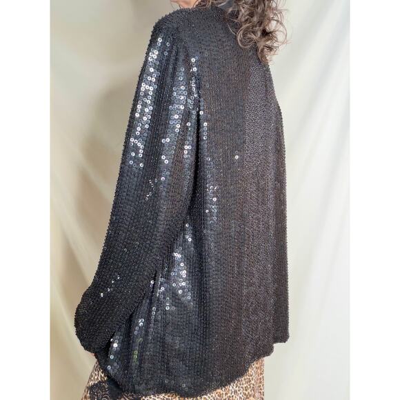 Vintage 80s 90s beaded sequin jacket sequined black formal evening silk L - Picture 2 of 13
